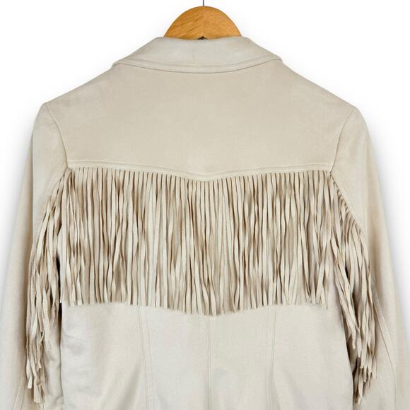 JouJou Faux Suede Western Fringe Moto Jacket Zippers Lined Cream Ivory Medium - Picture 6 of 10